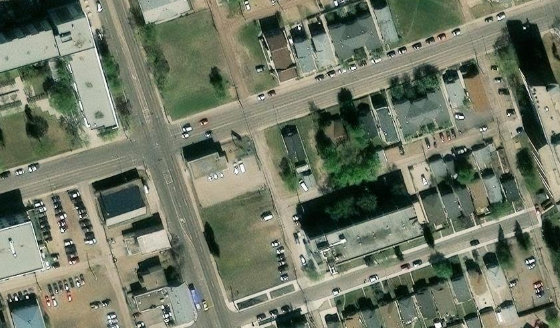 Satellite view of 9351 - 103A Avenue NW in City of Edmonton, with the parcel boundary outlined