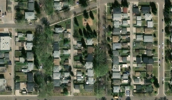 Satellite view of PLAN 42KS BLOCK 9 LOT 13 in City of Edmonton, with the parcel boundary outlined