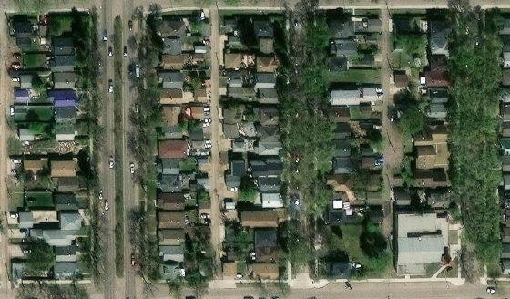 Satellite view of PLAN RN43 BLOCK 9 LOT 23 in City of Edmonton, with the parcel boundary outlined