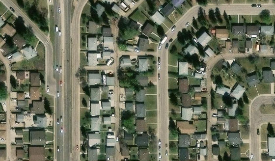 Satellite view of PLAN 4374KS BLOCK 1 LOT 9 in City of Edmonton, with the parcel boundary outlined