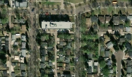 Satellite view of PLAN 3624HW BLOCK 7 LOT 1 in City of Edmonton, with the parcel boundary outlined